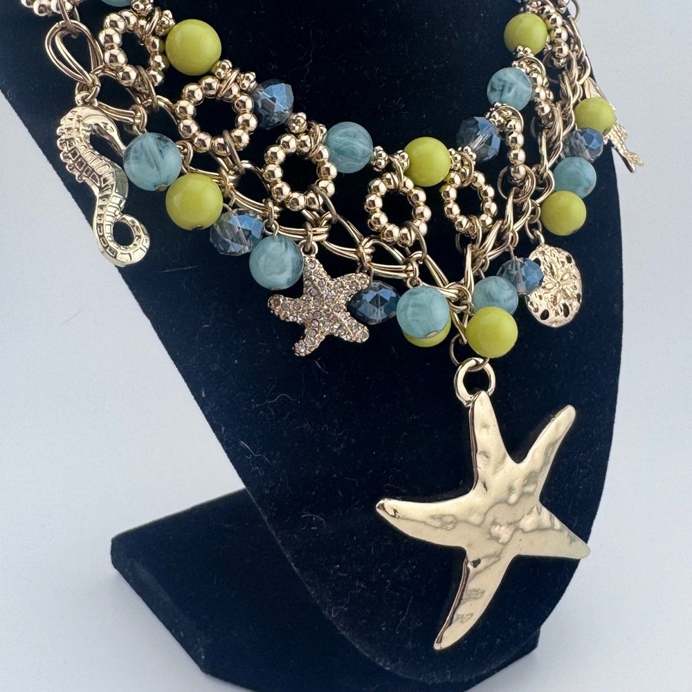 Ocean Charm Statement Necklace Gold‎ Tone Jules Starfish Coastal Blue Green